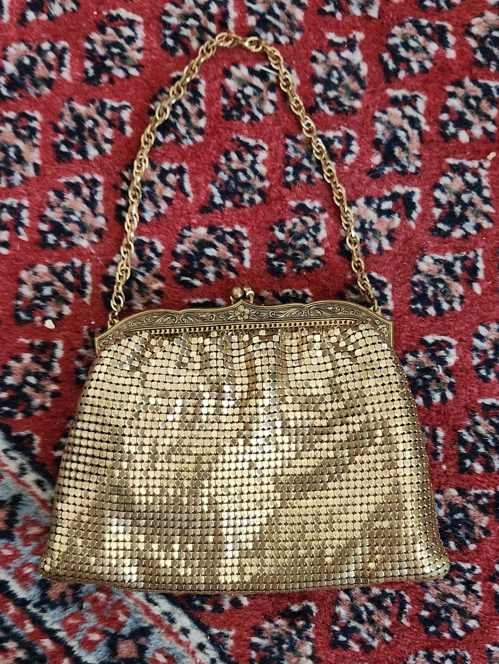 Whiting And Davis Gold Mesh Evening Clutch with Ornate Frame